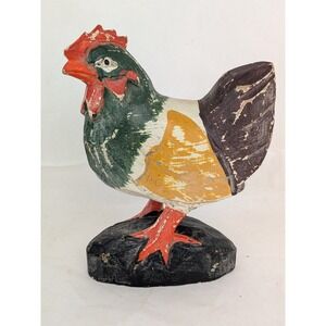 VTG Folk Art Wooden Carved Rooster Painted Rustic Wood Farm Chicken Cottagecore